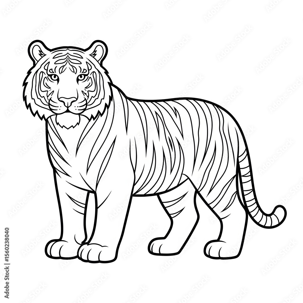 Fototapeta premium Realistic tiger coloring page for children and adults. A full-body illustration of the majestic striped big cat. Black and white outline drawing suitable for educational purposes.