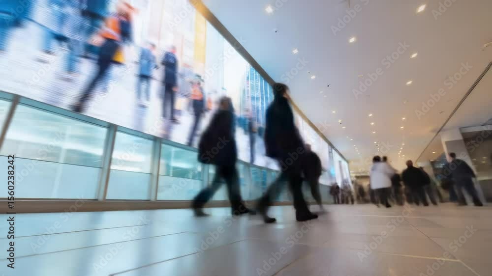Timelapse with super speed of Wide interior space with tall ceilings, open layout, and digital signage. Suitable for transportation hubs like airports or transit centers. Timelapse with super speed of Wide interior space with tall ceilings, open layout, and digital signage. Suitable for transportation hubs like airports or transit centers.