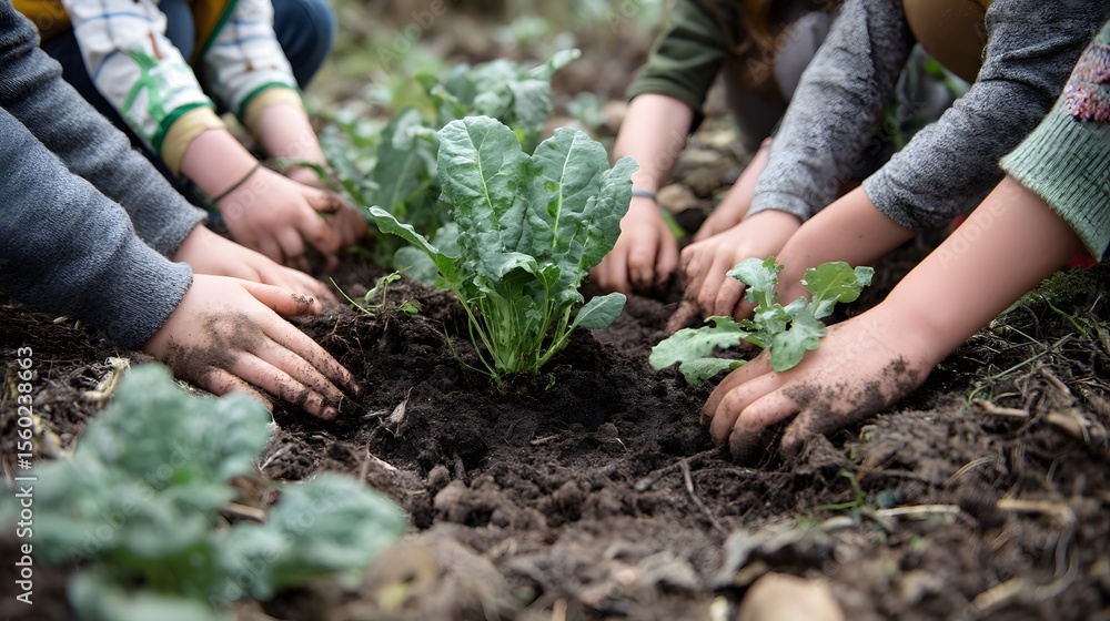 Fototapeta premium Children planting vegetable garden organic gardening kids hands soil plants learning about nature outdoors