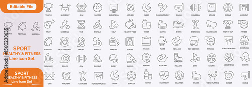 Sport Line Editable Icons set. Contain icons related to baseball, basketball, soccer, and other sports. Editable stroke. Vector illustration