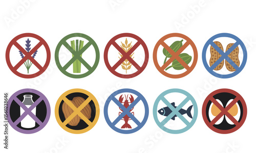 Food allergen prohibition symbols with various food items allergens lavender