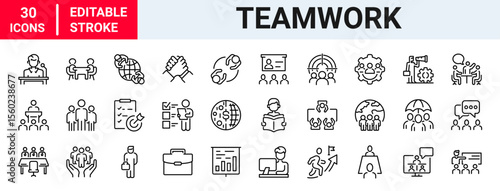 Teamwork line web icons. Containing team, cooperation, group, people, organization, collaboration, communication, partnership, leadership, support, unity, community. Vector illustration