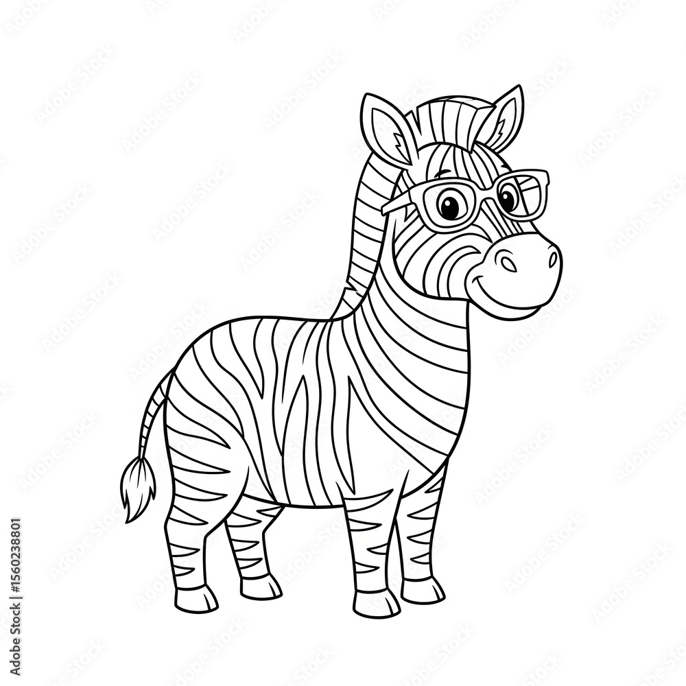 Obraz premium A fun cartoon zebra with glasses, standing and smiling. This whimsical black and white outline is great for children's coloring books and imaginative art projects.