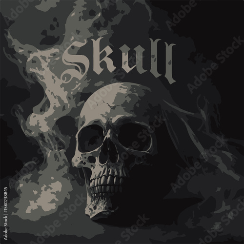 Vector art of a skull shrouded in grey smoke, isolated on black background