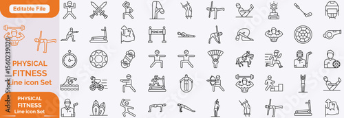 Gym and fitness line icon set. Containing healthy lifestyle, weight training, body care and workout icons