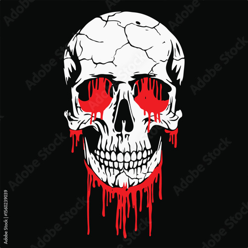 Vector art of a cracked skull with red dripping eyes, isolated on black background