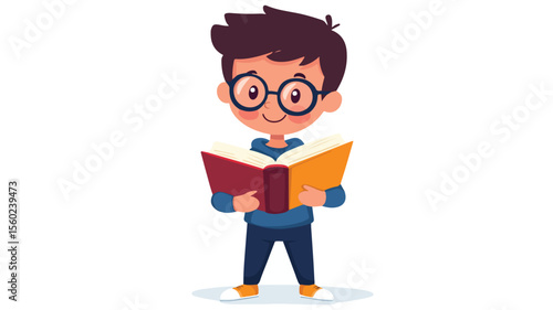 Smart School Boy Portrait with Eyeglasses Holding Book, Education Concept