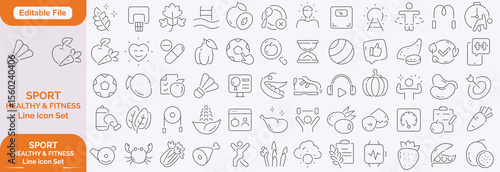 Sport and Fitness set of web icons in line style. Gym and fitness icons for web and mobile app. Healthy lifestyle, exercise, diet, nutrition, weight training, body care, workout. Editable stroke
