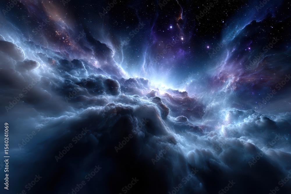 Obraz premium Cosmic clouds illuminated by swirling stars in a vast night sky with bright celestial highlights