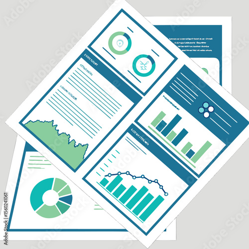 Several business document pages with graphs and charts scattered on a light background surface view