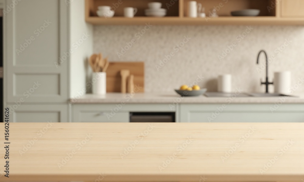 Fototapeta premium Light beige wood surface with fine grain, pastel kitchen blur background mockup for clean lifestyle and product scenes