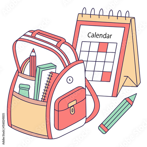 Illustration of a backpack filled with school supplies next to a calendar and a pencil on a white background