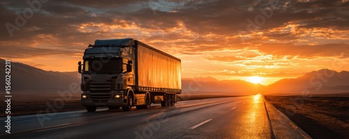 Majestic sunset over a long highway with a truck driving, showcasing vibrant orange skies and calm mountains in the background, perfect for travel or transport themes
