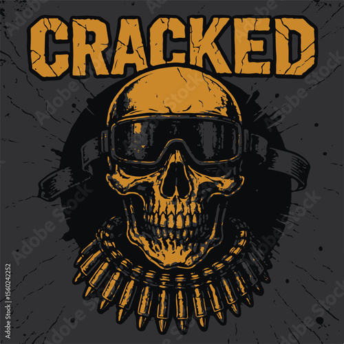 Vector art of a cracked skull wearing goggles and a necklace of bullets