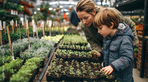 Mother and son selecting plants at garden center for home gardening and planting together activity outdoors