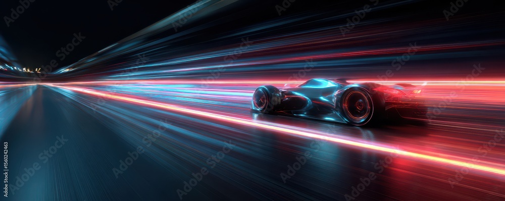 Speeding Futuristic Race Car in Motion with Streaks of Colorful Light Trails on a Dark Urban Street at Night Speeding Futuristic Race Car in Motion with Streaks of Colorful Light Trails on a Dark Urban Street at Night