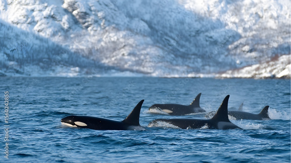 Fototapeta premium Orcas killer whales swimming in alaskan waters wildlife photography nature travel adventure vacation trip 100