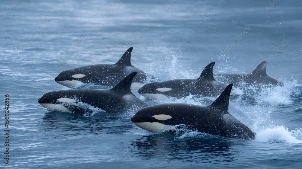 Fototapeta premium Killer whales orcas pod swimming ocean wildlife marine life nature photography travel destination adventure