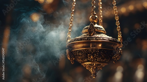 Explore the beauty of a golden incense burner with smoke for religious and spiritual practices in church