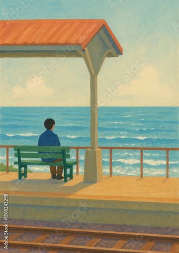 Fototapeta Naklejka Na Ścianę i Meble -  Solitary seaside train station illustration.