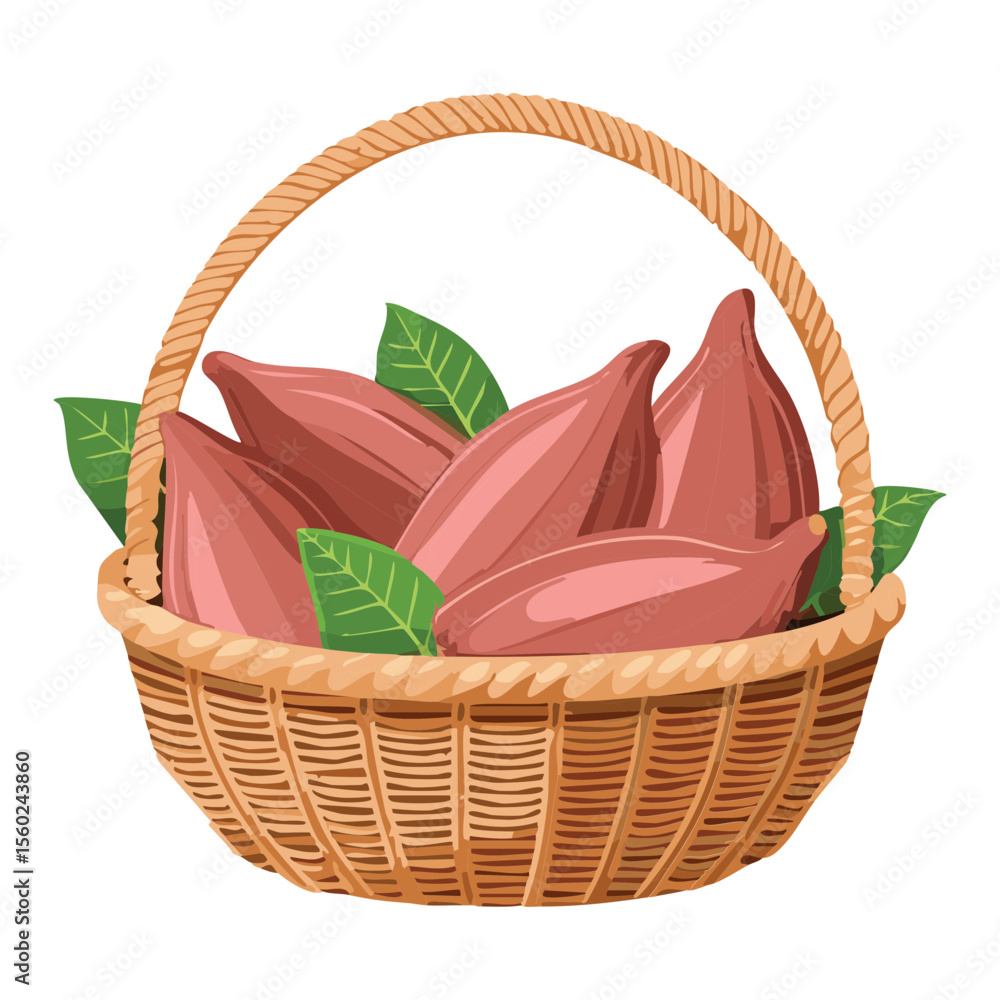 Fototapeta premium Purple Sweet Potatoes with Green Leaves - Vector Illustration