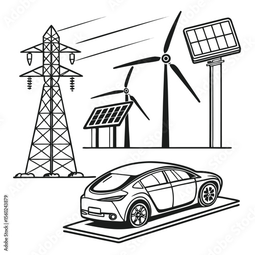 Clean Energy Vector Illustration Solar, Wind, and Electric Vehicle
