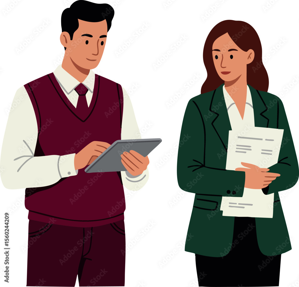 Two business professionals collaborating using digital tablet and documents in office environment vector illustration Two business professionals collaborating using digital tablet and documents in office environment vector illustration
