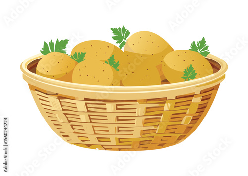 Freshly Harvested Potatoes with Greenery - Vector Illustration
