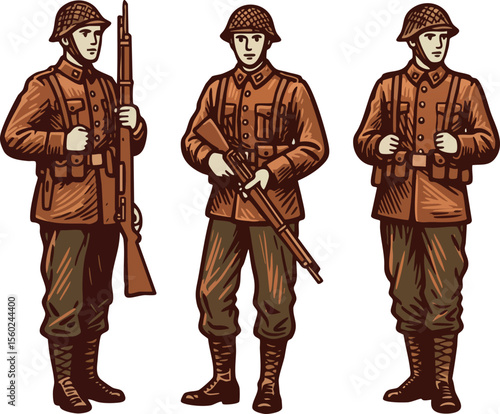 World War soldiers in vintage military uniforms holding rifles in standing poses vector illustration