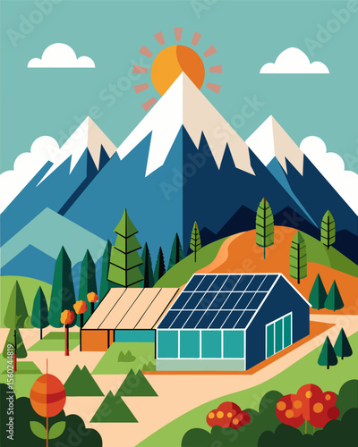 A remote mountain community relies on a solarpowered greenhouse to grow fresh produce using sustainable energy to combat the harsh climate.. Vector illustration