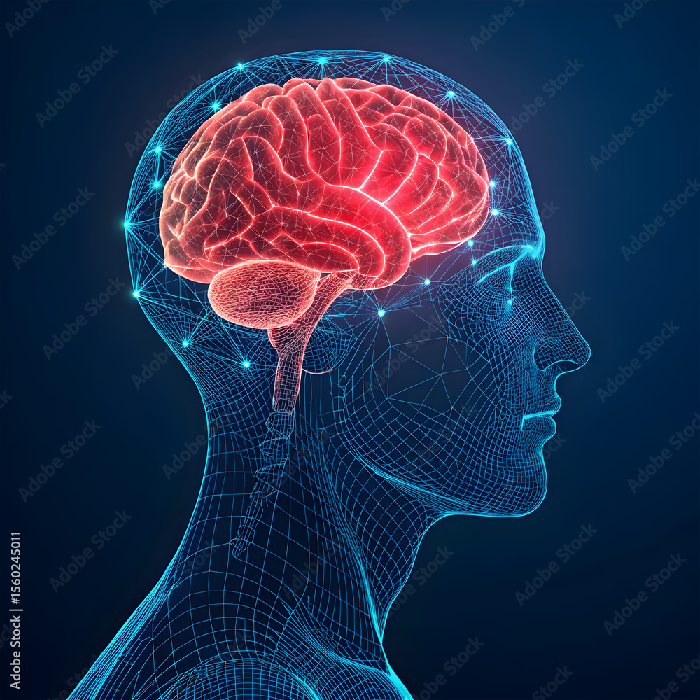 Obraz premium Blue neon wireframe of a human brain, glowing red from the center, showcasing a futuristic and high-tech design with illuminated neural pathways.