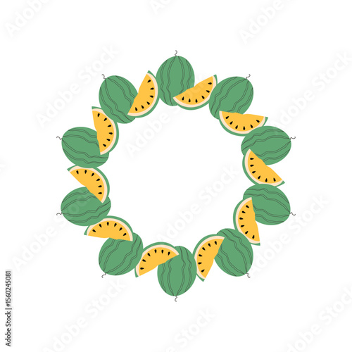 August watermelon frame. Autumn circle frame. Round border made of watermelon in green and orange. Vector flat isolated on white background.