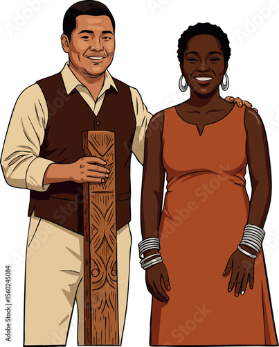 Diverse couple standing together holding wooden carving art piece smiling warmly in casual lifestyle style vector illustration