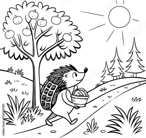 Cute cartoon birds on a tree in a funny winter wonderland forest coloring book illustration
