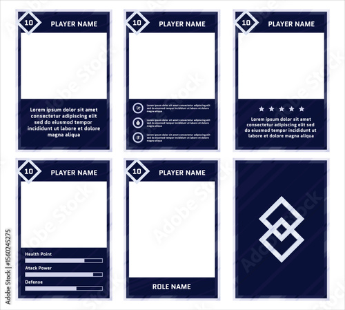 complete game card template with a classic geometric theme and dark blue and white color combination, for ui game, trading card game, and player collection card purposes. available with eps 10 files