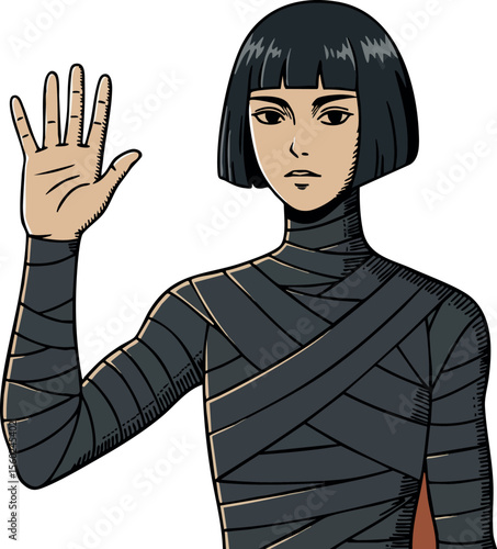 Woman with black bob haircut and wrapped bandage clothing holding hand up in greeting or stop gesture vector illustration