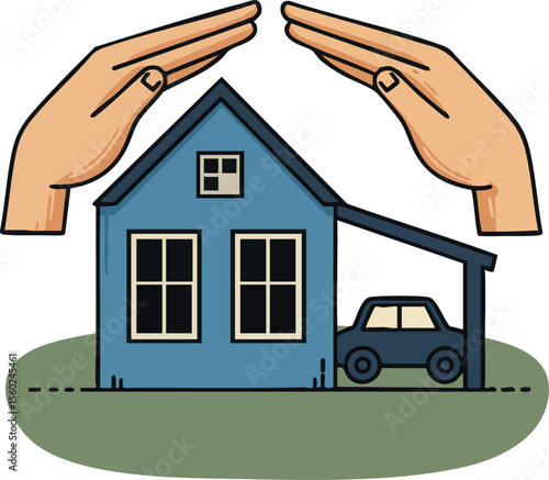 House Protection Concept with Hands Covering Blue Home and Car Garage Vector Illustration