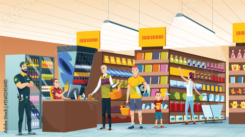 Retail food market. People shopping at the supermarket, choosing products on the shelves and pushing carts or shopping baskets