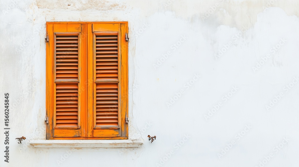 Fototapeta premium Close-up of an old, orange window with shutters on a white wall