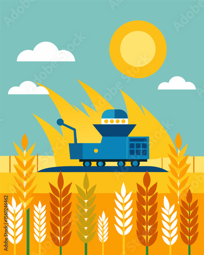A sunny wheat field with a solarpowered combine harvester harvesting the crop.. Vector illustration