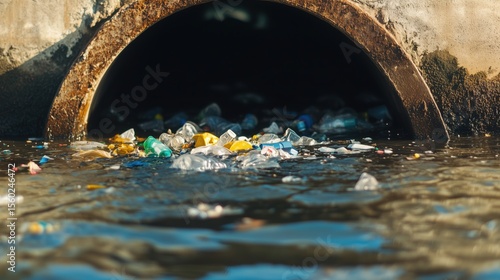 Close-up of storm drain outlet spewing plastic trash into coastal waters after heavy rain, evidence of land-to-ocean pollution pathway