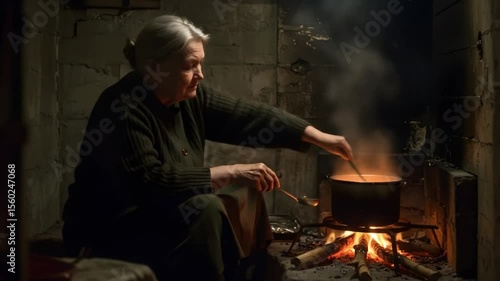 Elderly woman stirring a large pot over open fire inside a dimly lit rustic kitchen setting in a humble environment