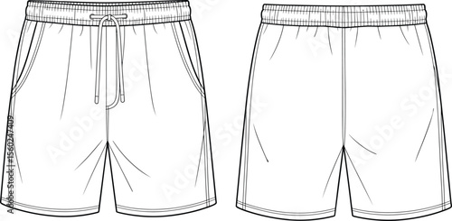 Basic men’s drawstring shorts top view CAD flat sketch vector template technical fashion illustration for apparel design stock download