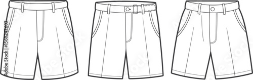 CAD drawing flat vector illustration men’s shorts technical fashion front view design with waistband pocket stitch detail template sketch