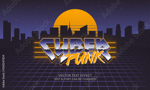 Futuristic Retro Text Effect. Cyberpunk Editable text template with night city background. 1980s, Cyberpunk. Perfect for logo, posters, flyers, banners design.  Vector illustration.	
