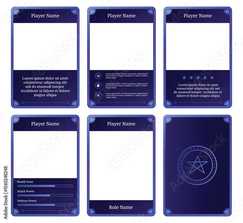 complete game card template with ancient wizard spell theme and dark blue color combination, for game ui, trading card game, and player collection card purposes. available with 10 eps files