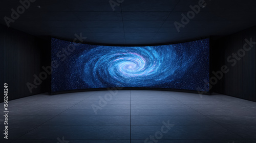 Authentic concave LED display for a wall or platform. Large TV display depicted galaxy in dark room, Large projection screens.