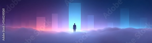 A person stands before a glowing doorway in a surreal, misty environment with abstract vertical shapes illuminated by soft purple and blue hues.