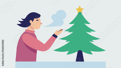A person inhales the familiar scent of a pine tree and is reminded of decorating the Christmas tree with their loved ones.. Vector illustration