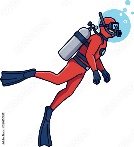 Scuba diver in red wetsuit swimming underwater with oxygen tank and mask vector illustration